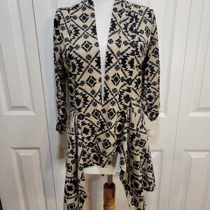 ABOUT A GIRL Tan Black Geometric Aztec Open Front Peplum Cardigan Top sz S EUC